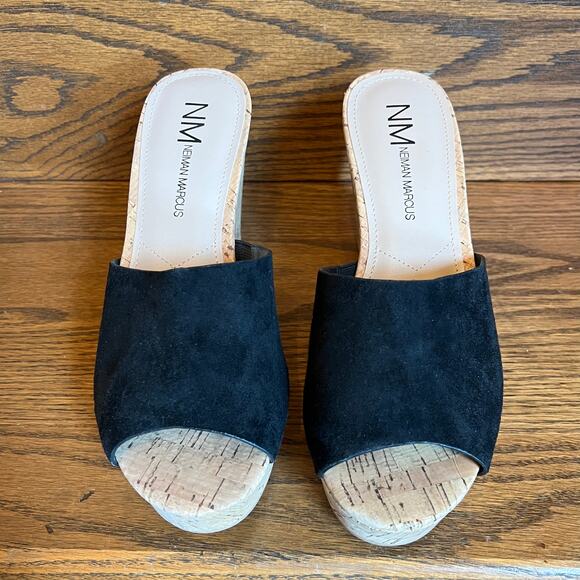 Neiman Marcus Black Suede Cork-Heeled Platform Sandals- SIZE 8M - Picture 9 of 11